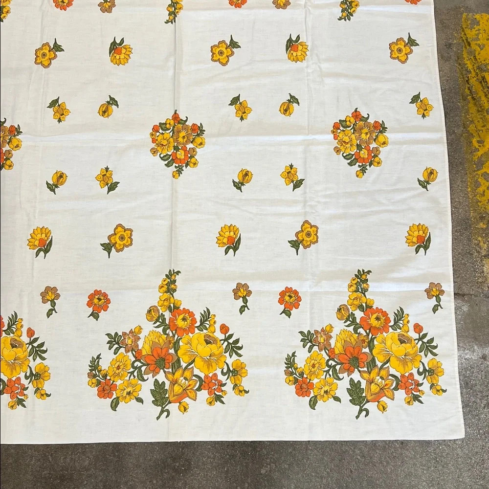 Vintage floral 52”X 48” squareish tablecloth yellow & oranges cotton Handmade